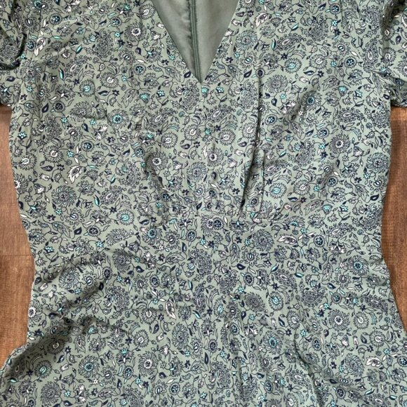 LOFT Green Floral Puff Sleeve Fit & Flare Midi Dress Size 0 Petite V-Neck - Picture 5 of 8